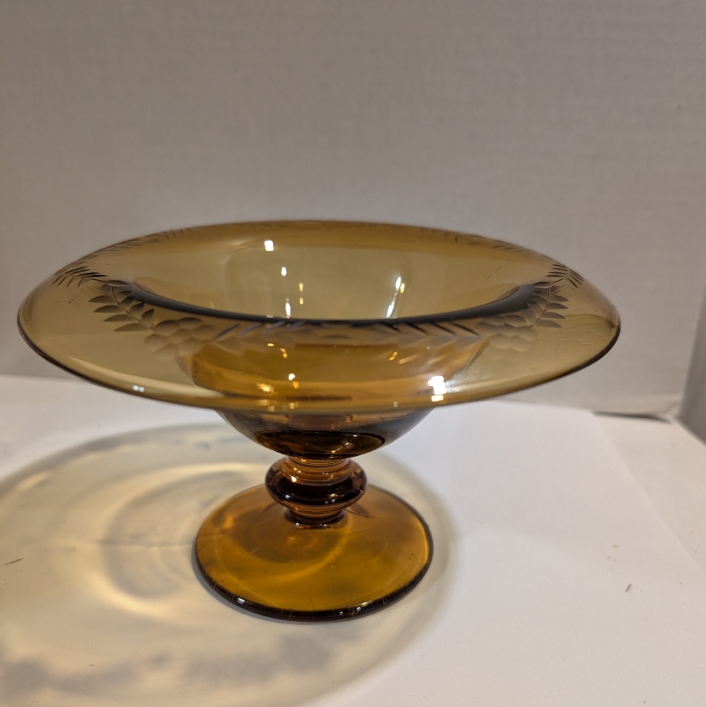 Vintage Depression Glass Compote Serving Dish Amber Honey Gold.